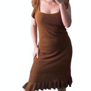 House Of Harlow Knit Dress Medium Brown Ruffle Midi Sleeveless Women NWT